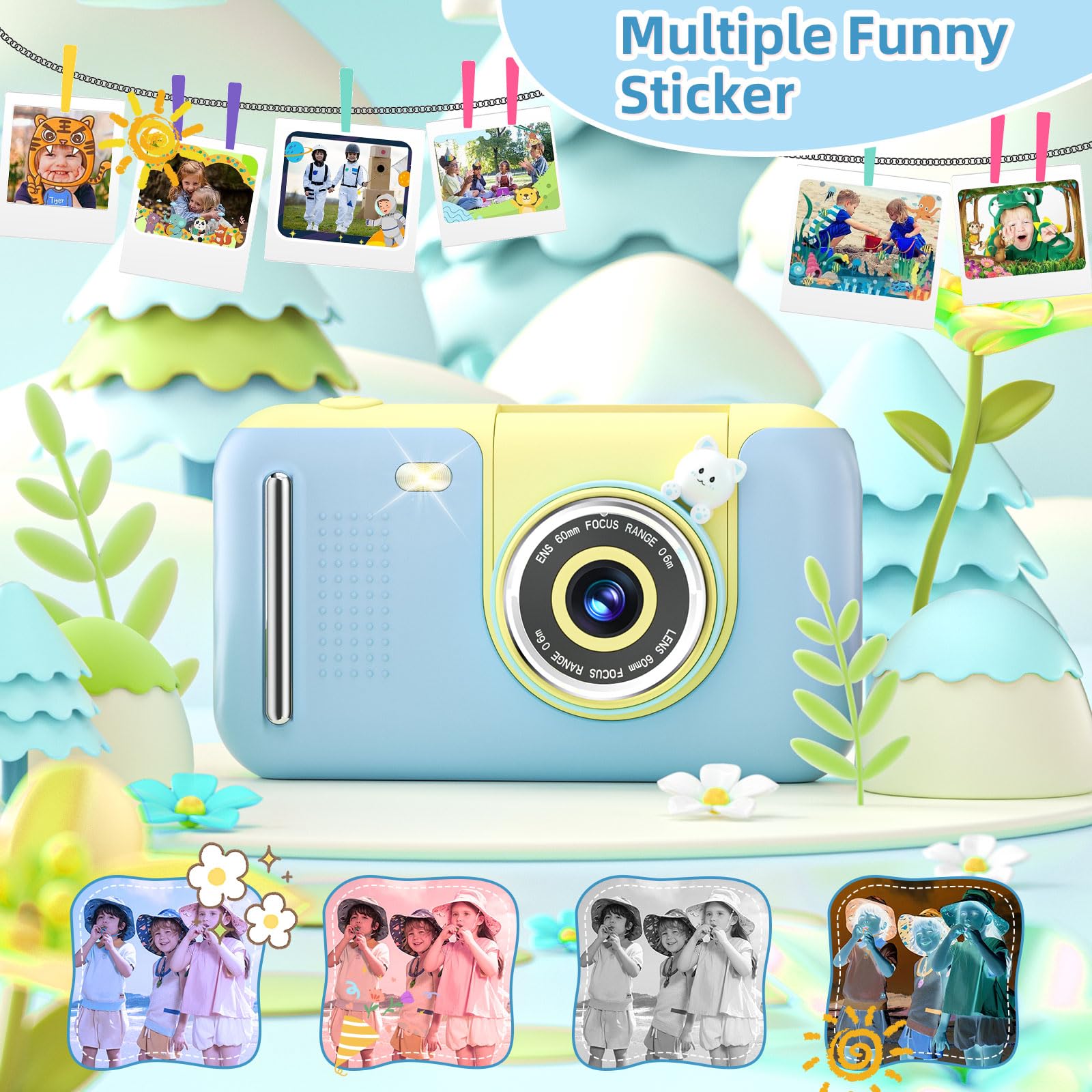 Makolle Kids Camera shows 8x digital zoom and creative filters for imagination