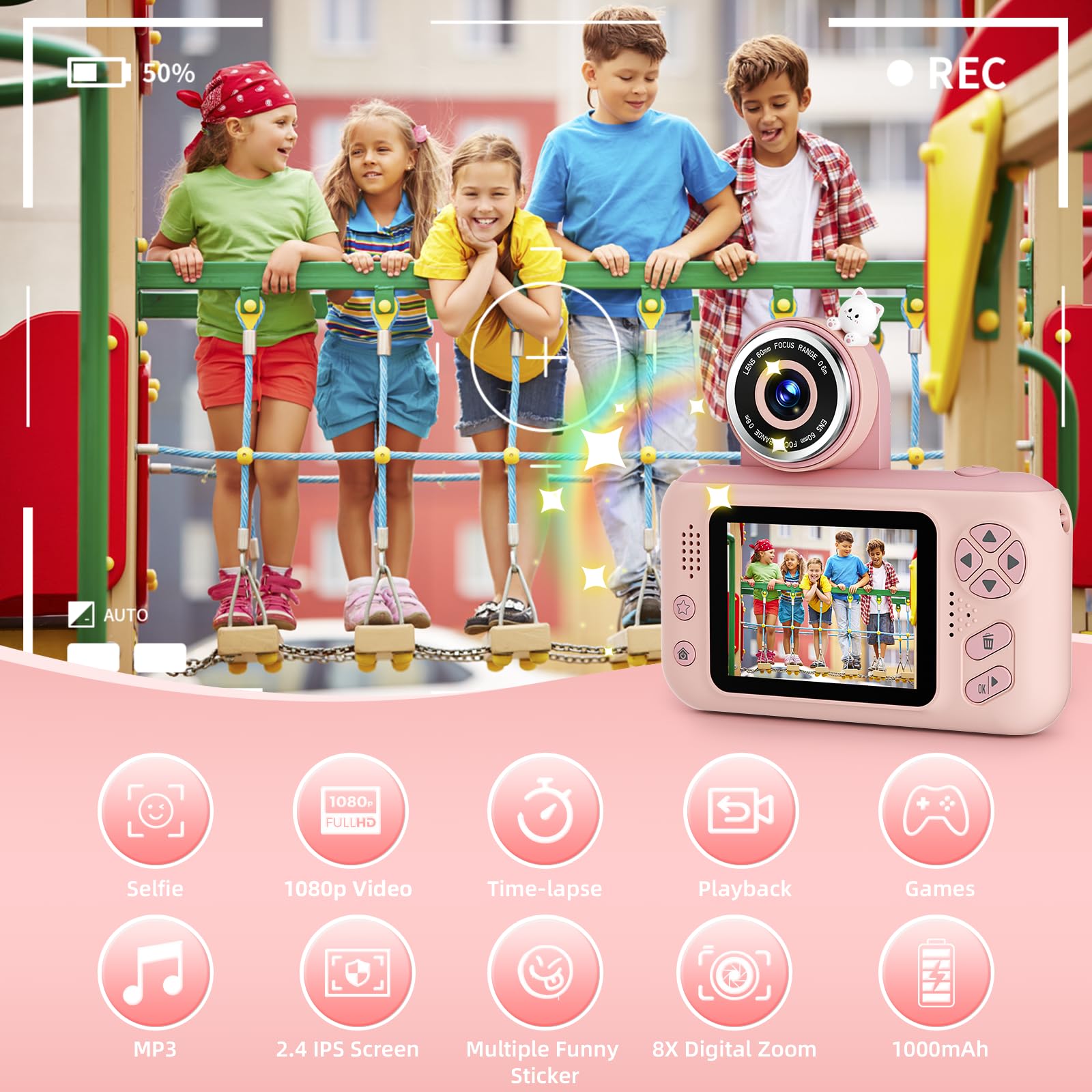 Makolle Upgrade Kids Selfie Camera 180-degree flip pink enables flexible selfies from any angle.