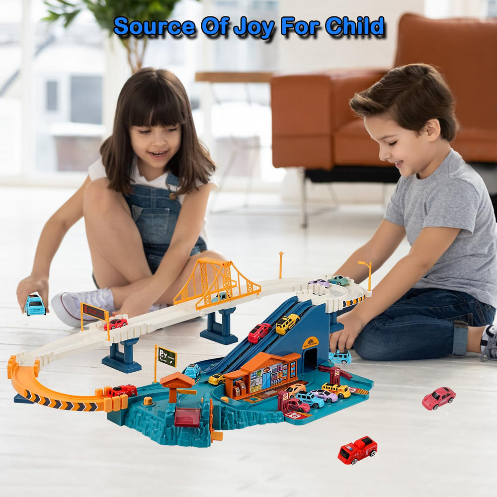 MAKUQI twelve mini racer cars on a bright ramp for imaginative play.