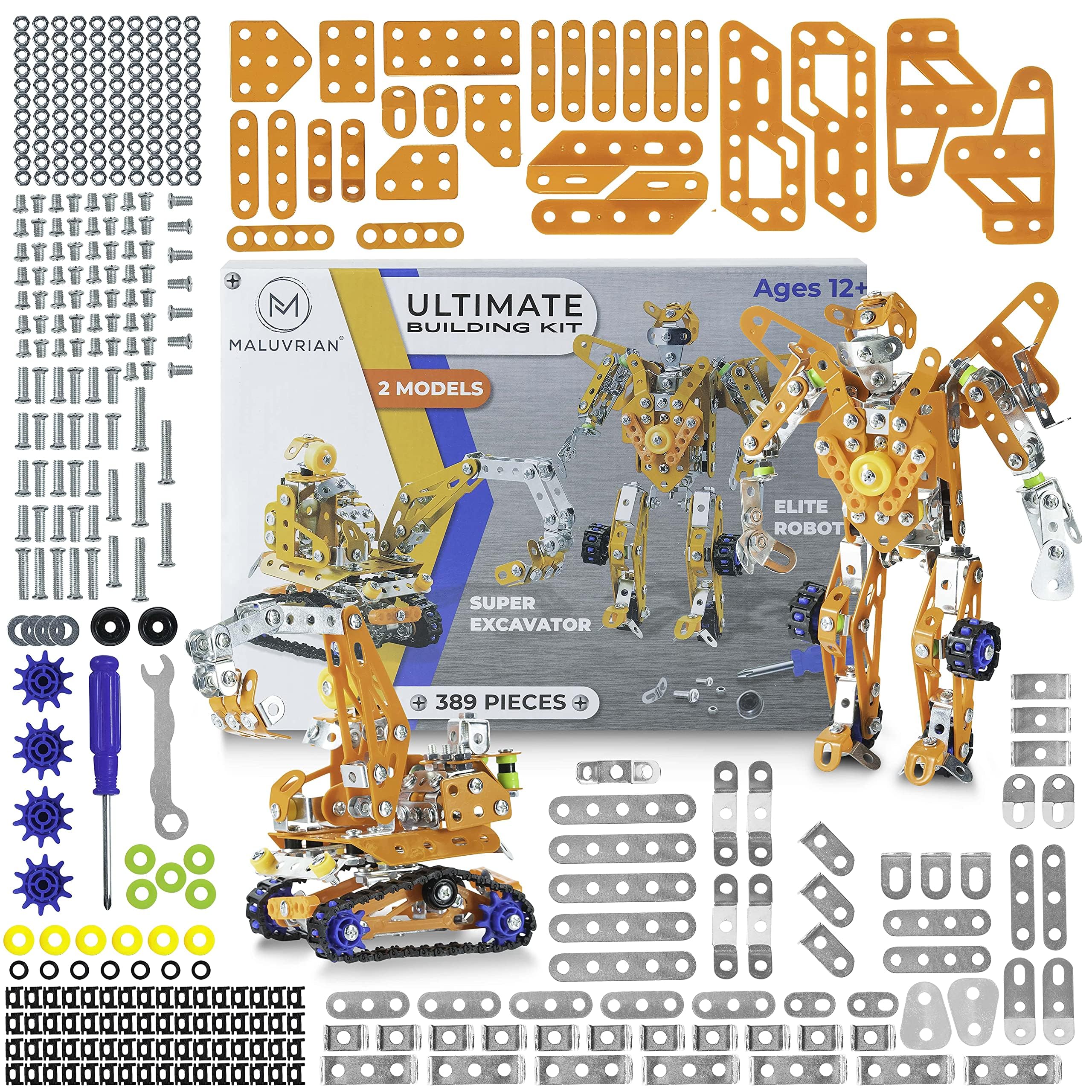 MALUVRIAN Erector Set robot model parts laid out for precise building and planning