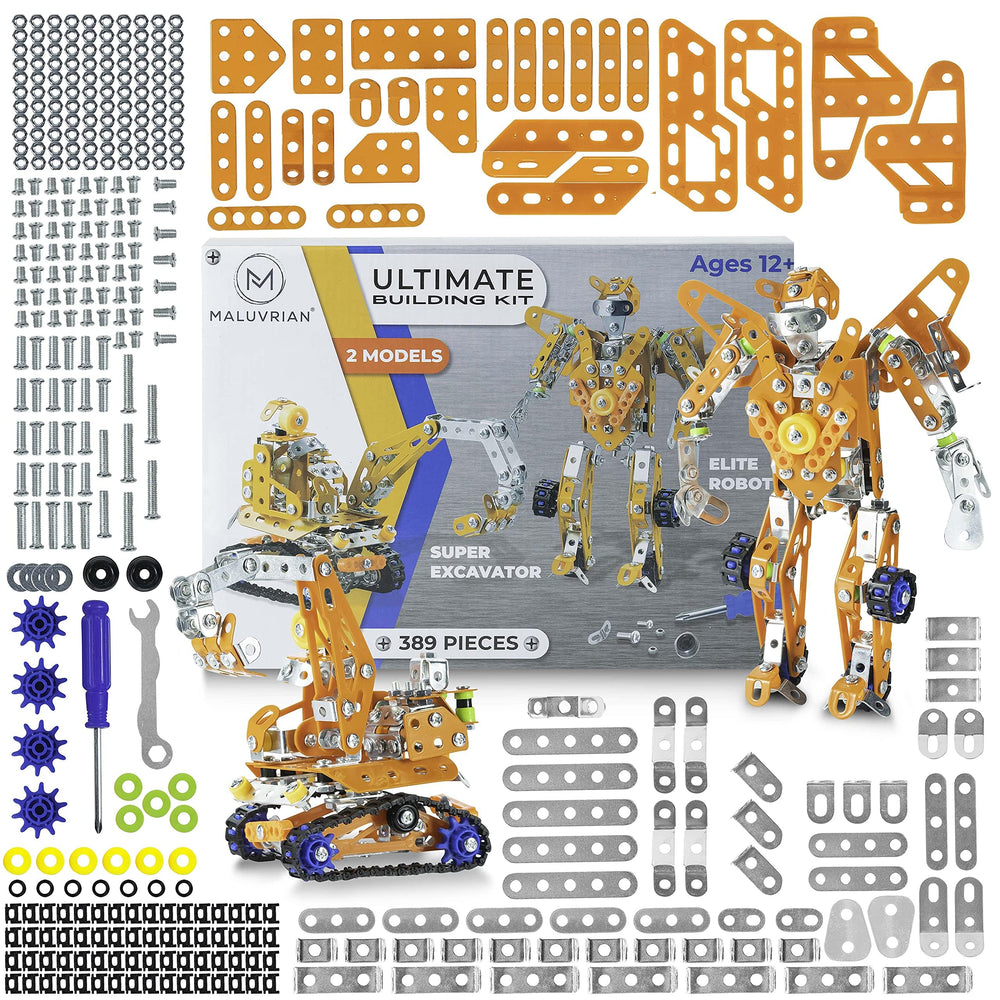 MALUVRIAN Erector Set robot model parts laid out for precise building and planning