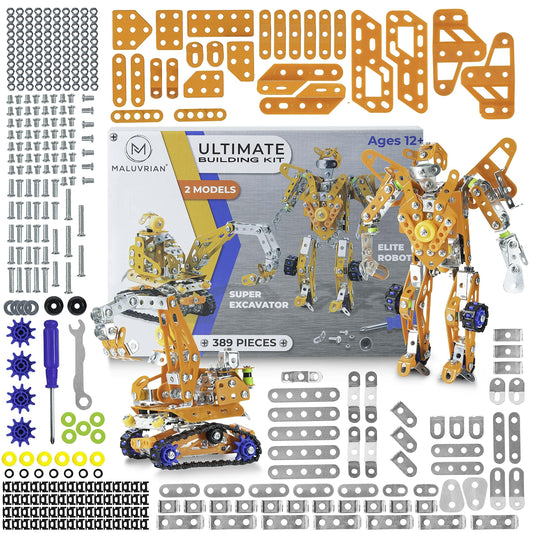 MALUVRIAN Erector Set robot model parts laid out for precise building and planning