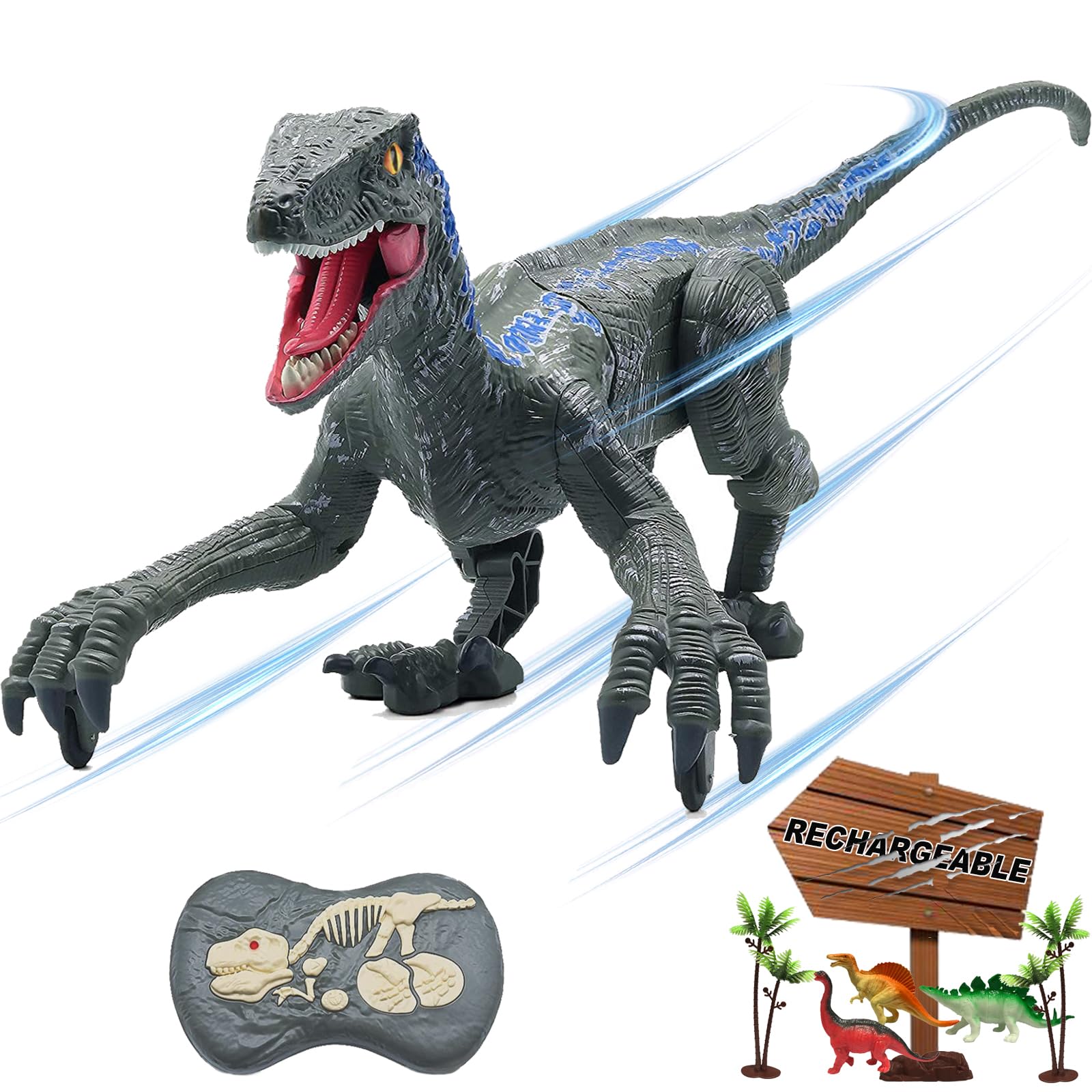 MAMABOO RC dinosaur walking action for indoor and outdoor imaginative play.