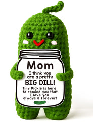 MAMAGIFTREE Big Dill pickle plush close-up, showcasing cozy crochet texture.