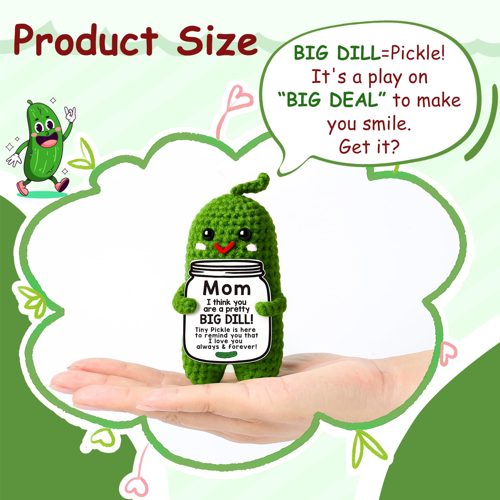 MAMAGIFTREE Big Dill pickle plush front view shows compact desk decor.