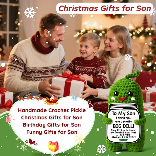 MAMAGIFTREE handmade crochet pickle in soft yarn for hugs and display.