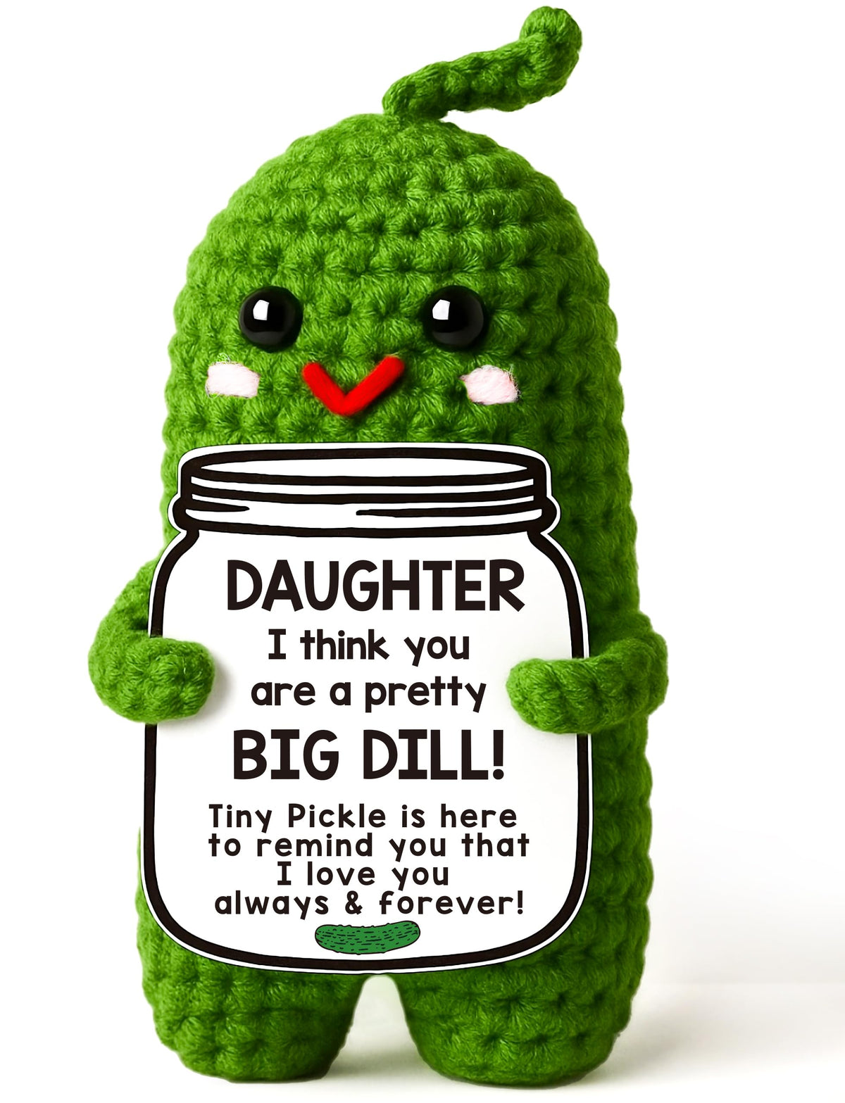 MAMAGIFTREE pickle plush in daughter's hand, soft, comforting keepsake gift