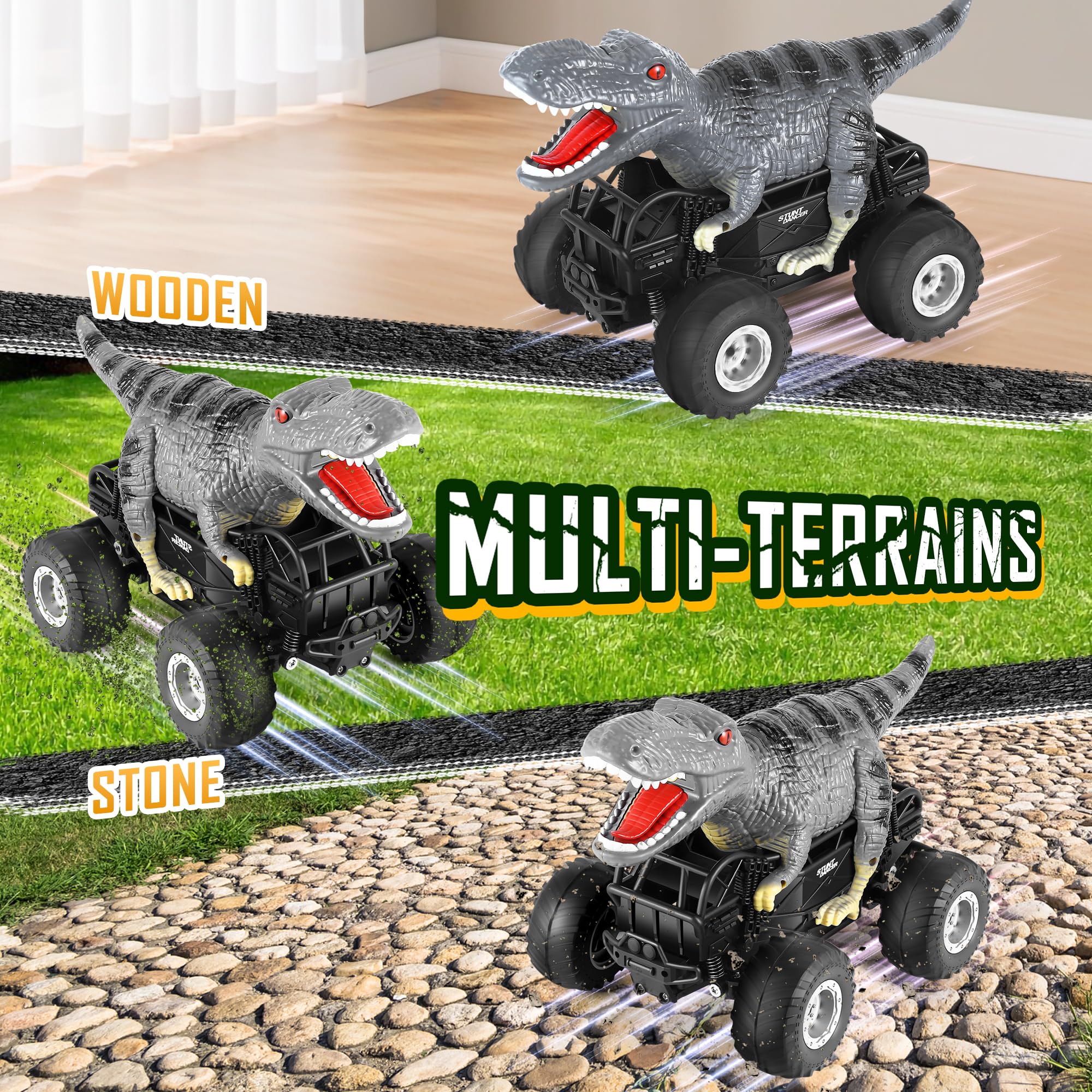 Manercey RC car all-terrain performance explores tiles, carpet, grass, sand, gravel.