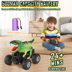Manercey RC car green dinosaur close-up eyes and teeth showcase realism.