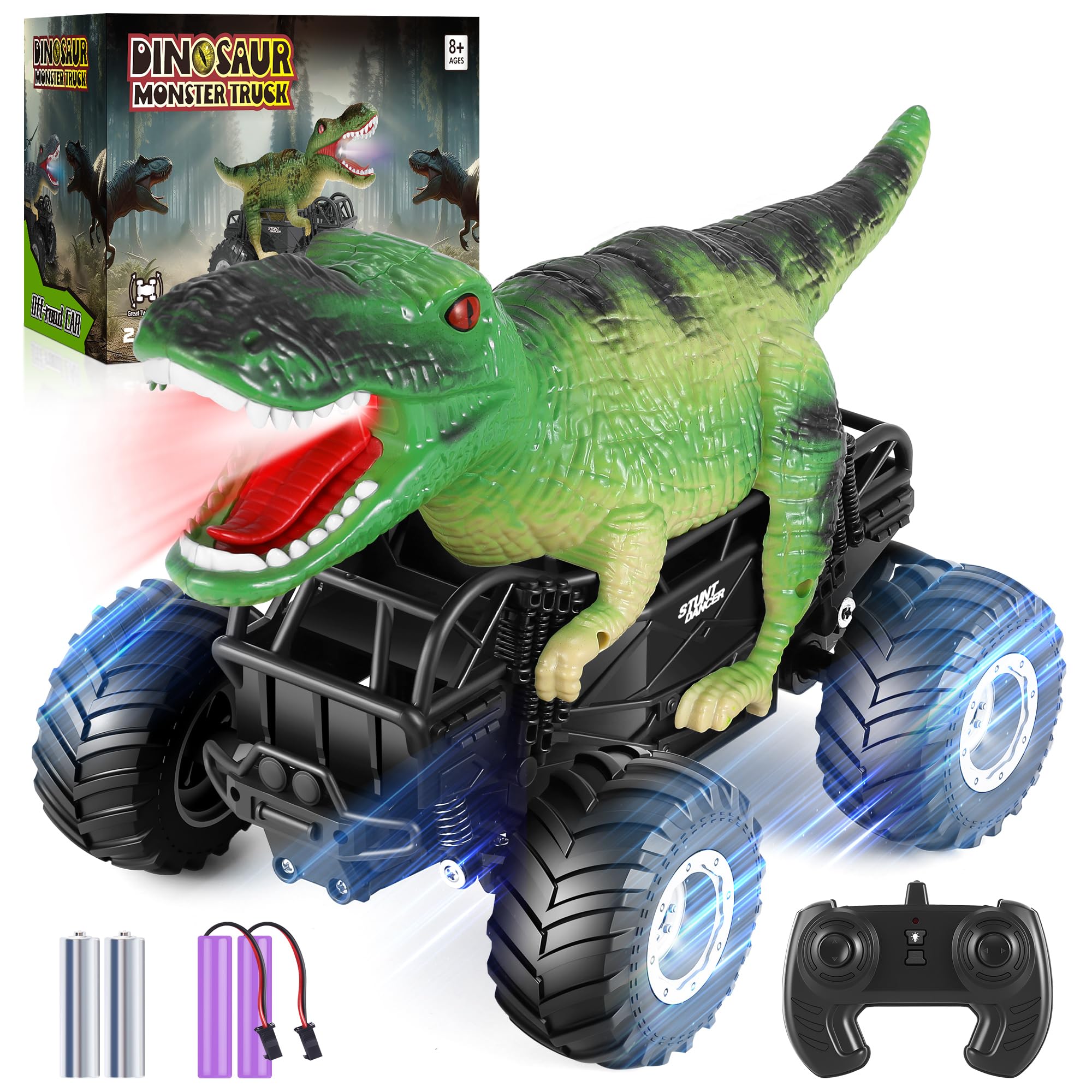 Manercey RC car green dinosaur front view emphasizing rugged design for adventurous play.
