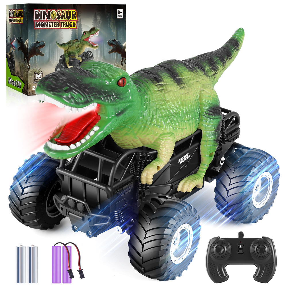 Manercey RC car green dinosaur front view emphasizing rugged design for adventurous play.
