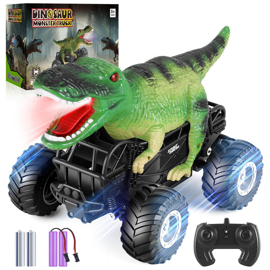 Manercey RC car green dinosaur front view emphasizing rugged design for adventurous play.