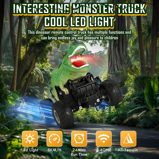 Manercey RC car green dinosaur rear view highlights stability during boosts.