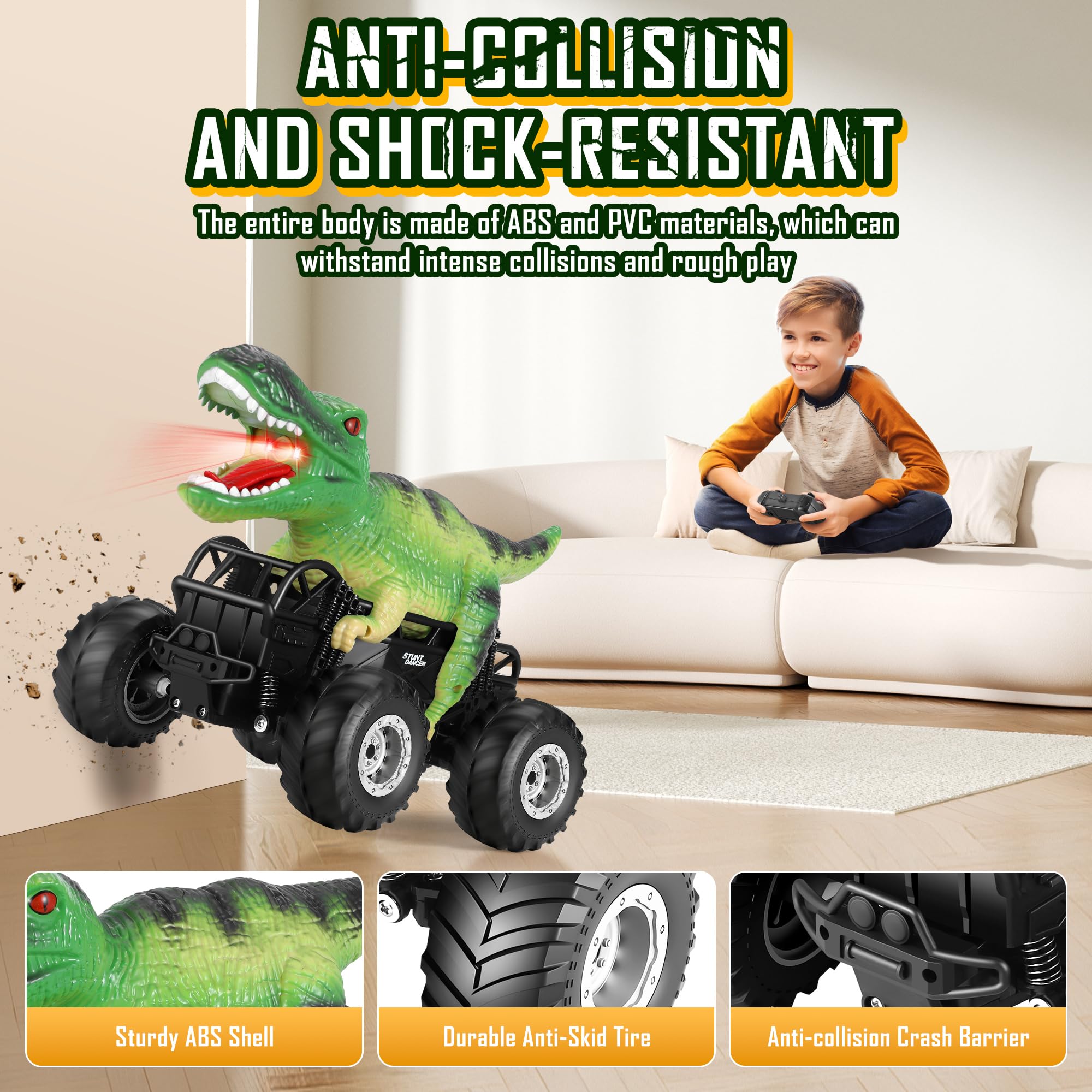 Manercey RC car green LED headlights illuminate night-time action.