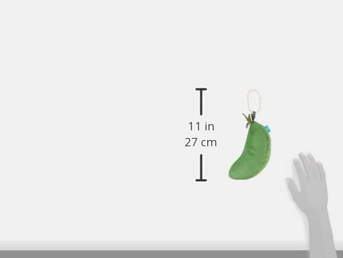 Manhattan Toy farmers market peas in a pod hanging on a stroller clip for easy travel.