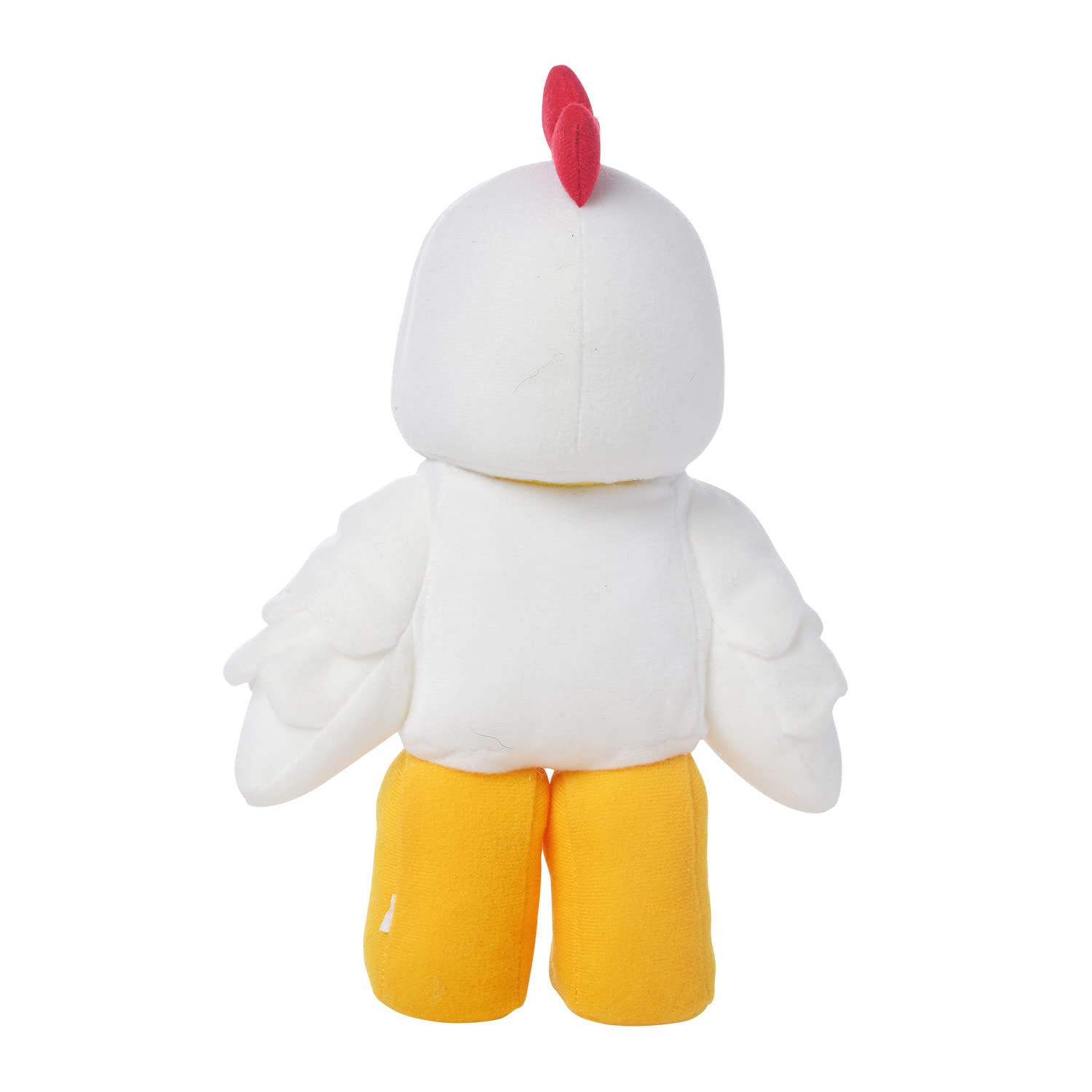 Embroidered features on the LEGO Chicken Suit Guy plush resemble classic LEGO style.