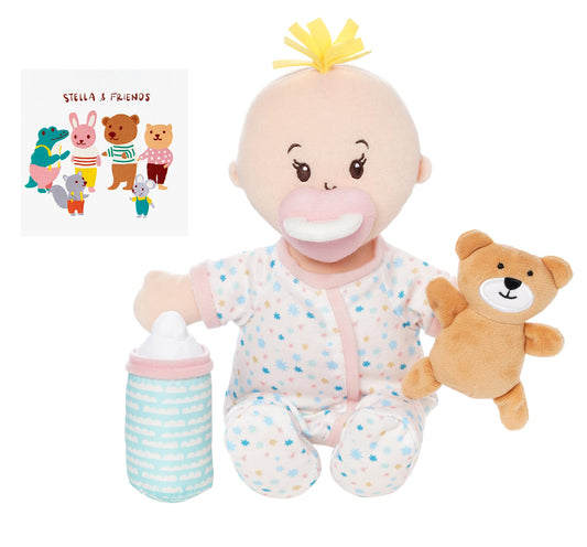 Manhattan Toy Wee Baby Stella with magnetic bottle and pacifier for easy care play.