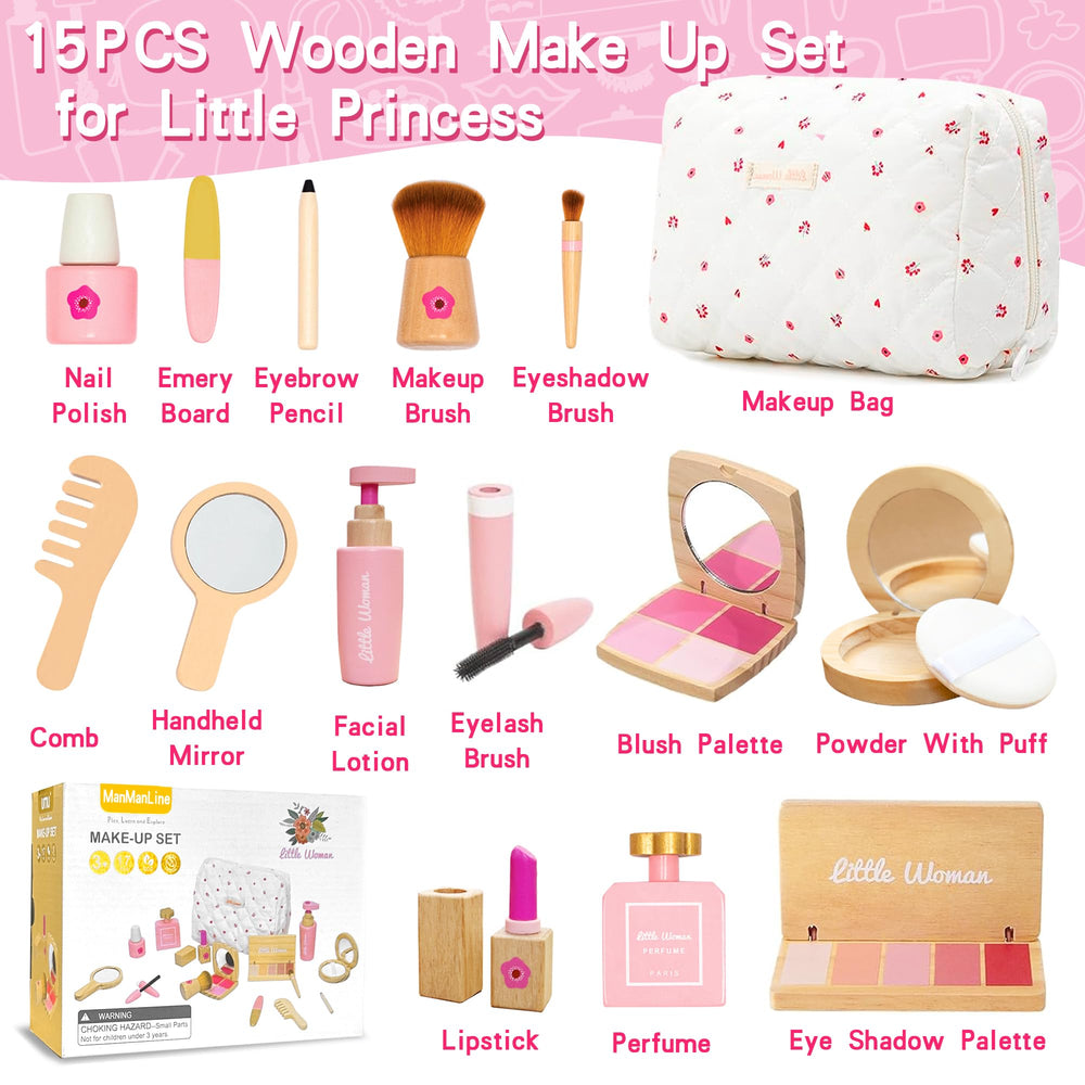 ManManLine wooden cosmetic bag keeps 15 pieces neatly stored after play.
