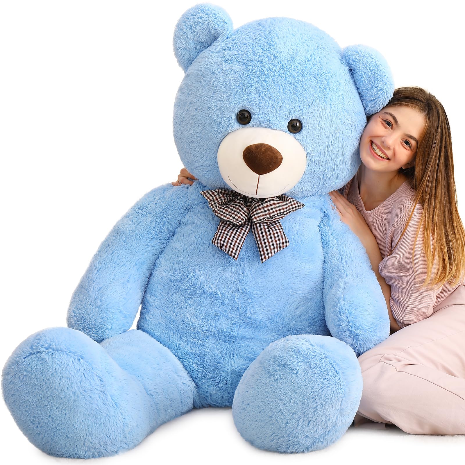 MaoGoLan 55-inch blue teddy bear close-up showing plush fur for cozy hugs.