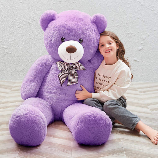 MaoGoLan giant purple teddy bear is shown 55-inch tall for big hugs and companionship.