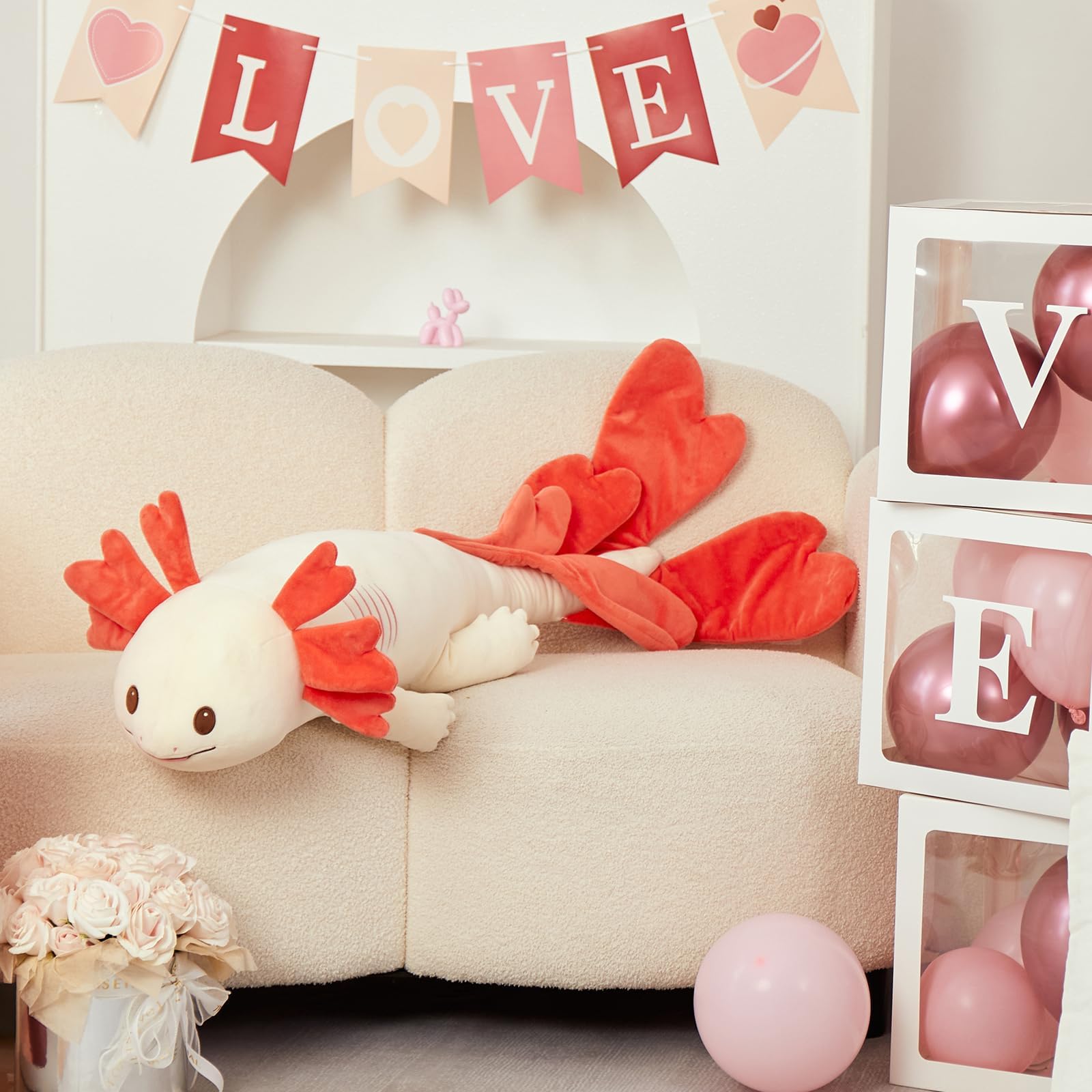 MaoGoLan axolotl plush decor in a bright room setting