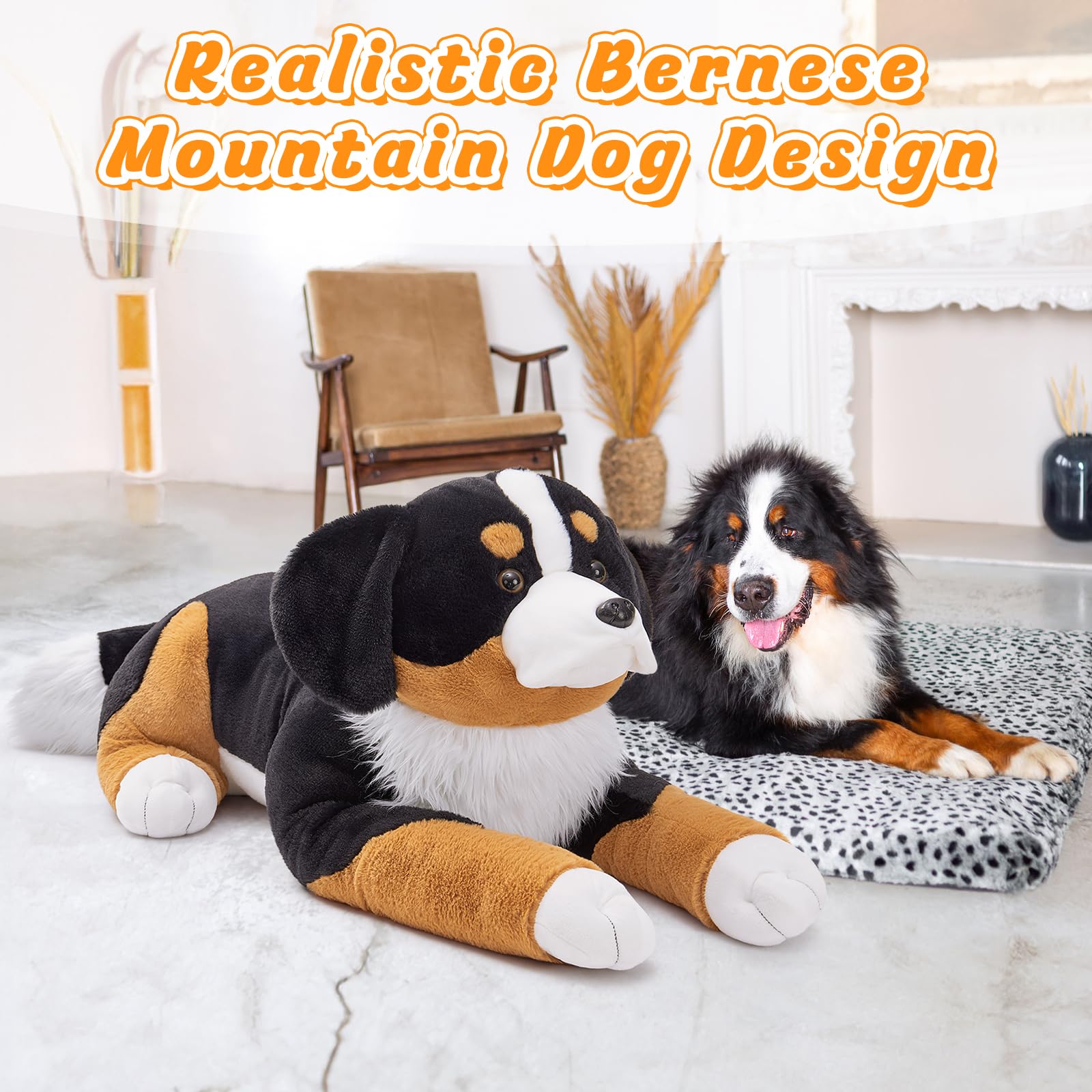 MaoGoLan Bernese mountain dog plush, close-up fur texture, ultra-soft for hugs