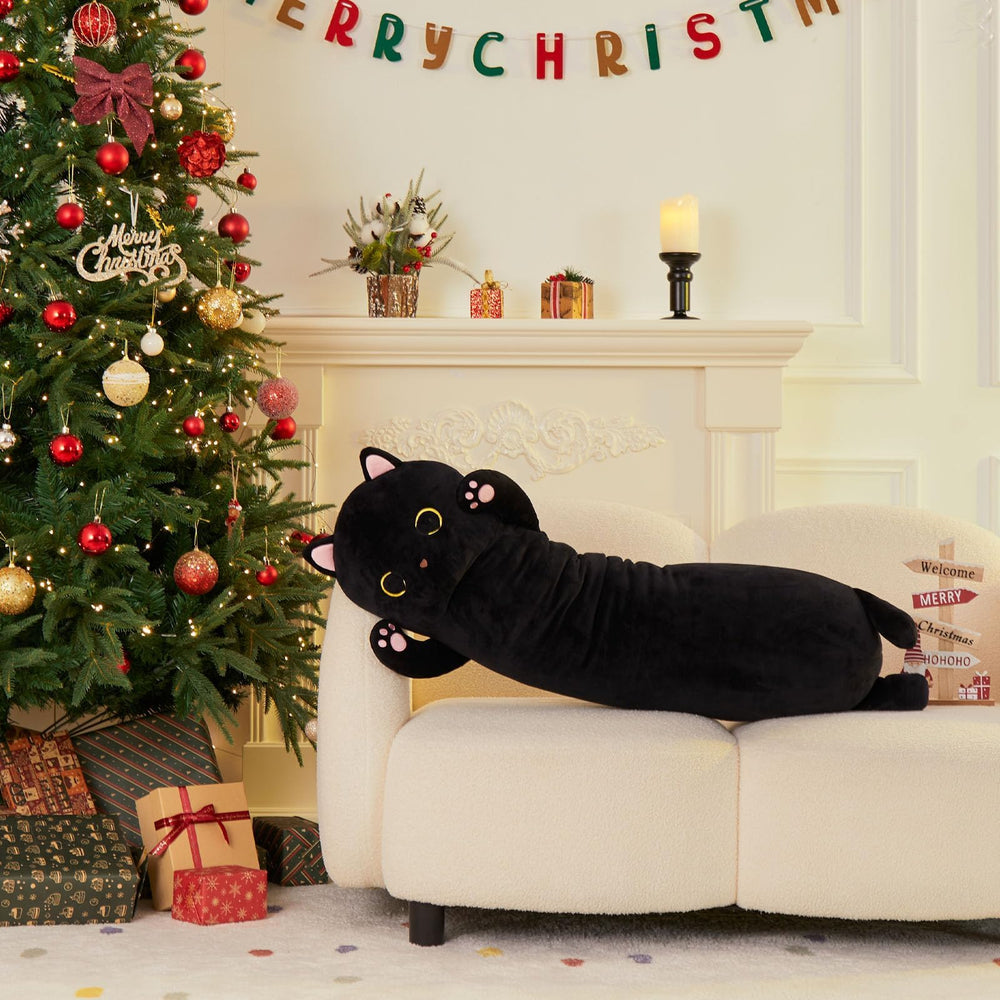 MaoGoLan big black cat plush closeup eyes show playful charm for kids.