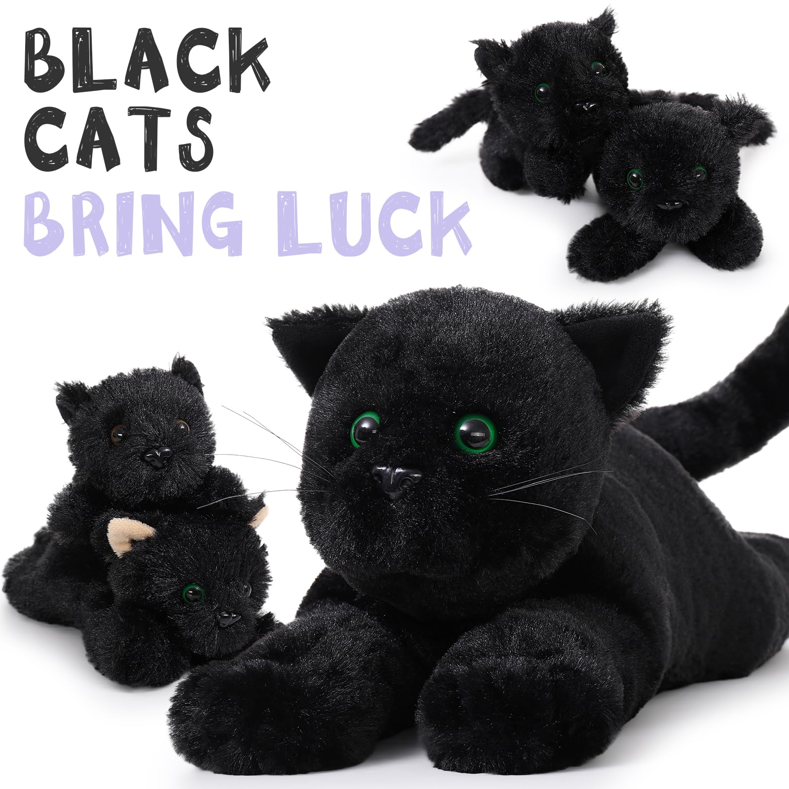 MaoGoLan black cat plush babies detail highlights four tiny kittens.