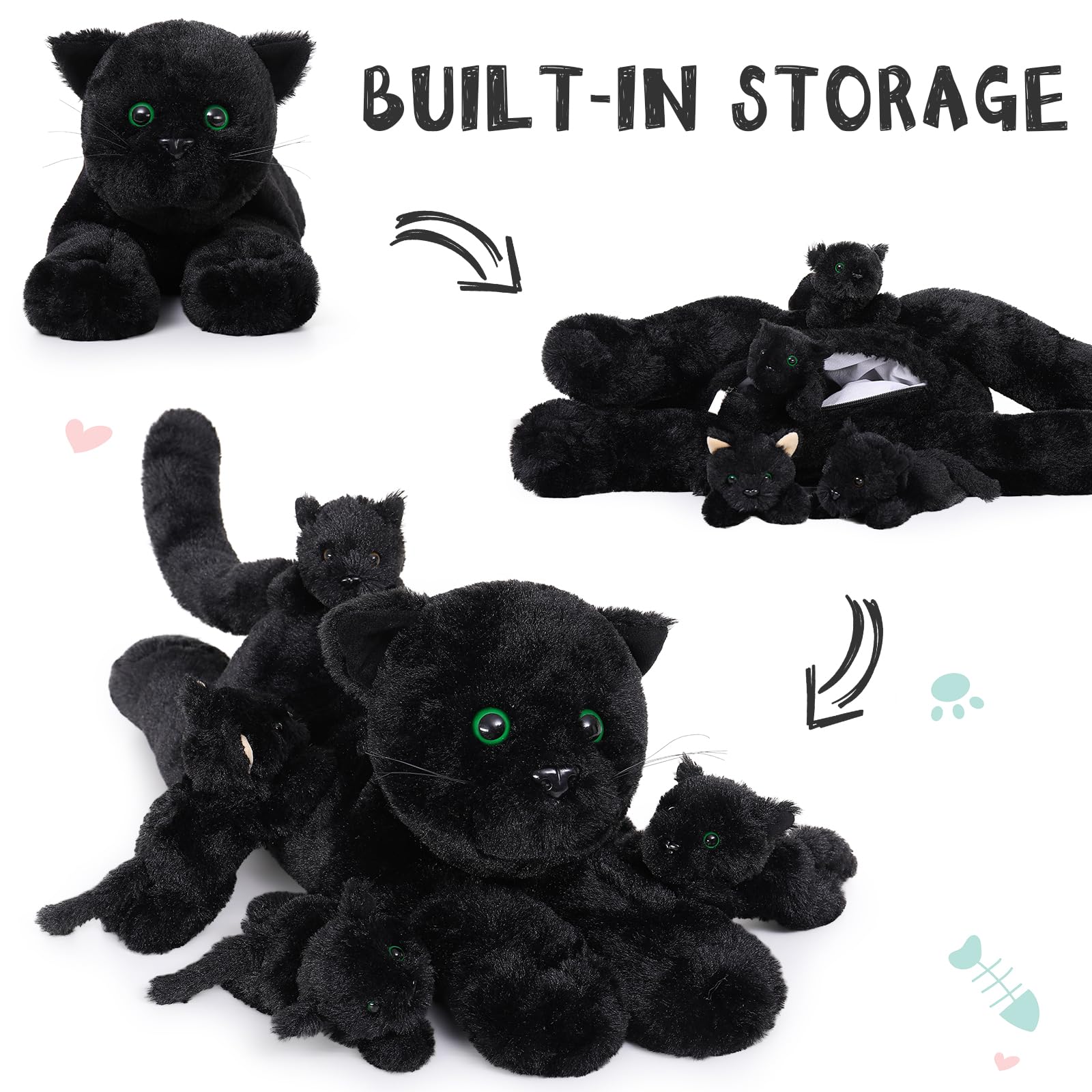 MaoGoLan black cat plush close-up shows fluffy fur and friendly eyes.