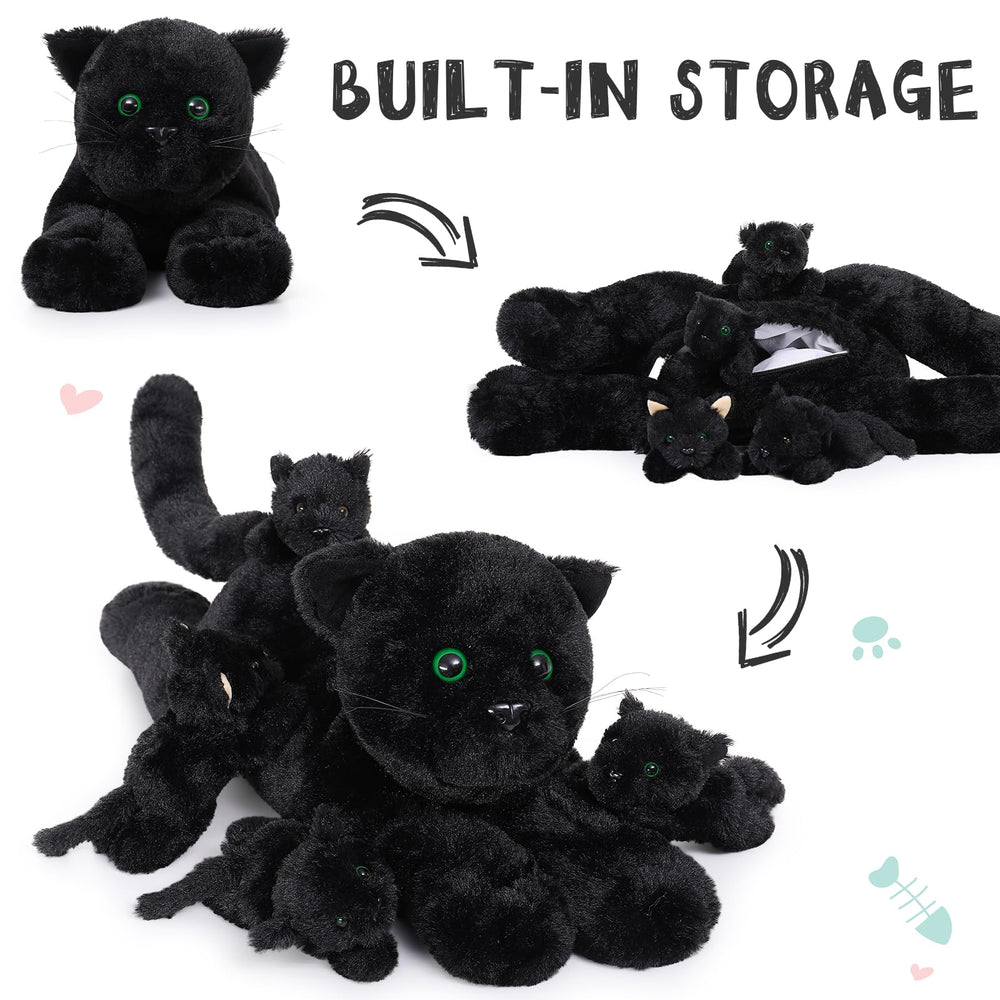 MaoGoLan black cat plush close-up shows fluffy fur and friendly eyes.