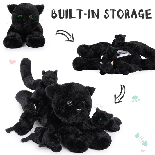 MaoGoLan black cat plush close-up shows fluffy fur and friendly eyes.