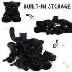 MaoGoLan black cat plush close-up shows fluffy fur and friendly eyes.