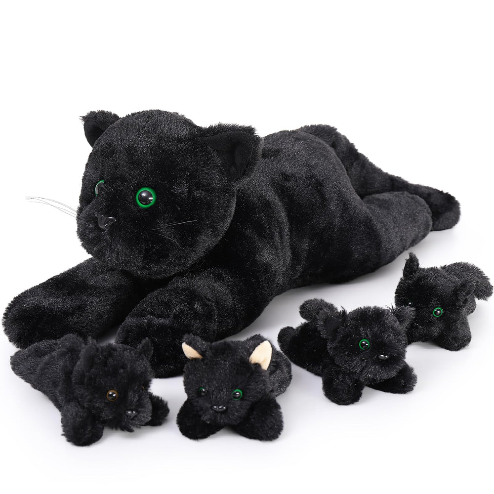 MaoGoLan black cat plush with mother and babies, a soft, cozy cuddle for kids.