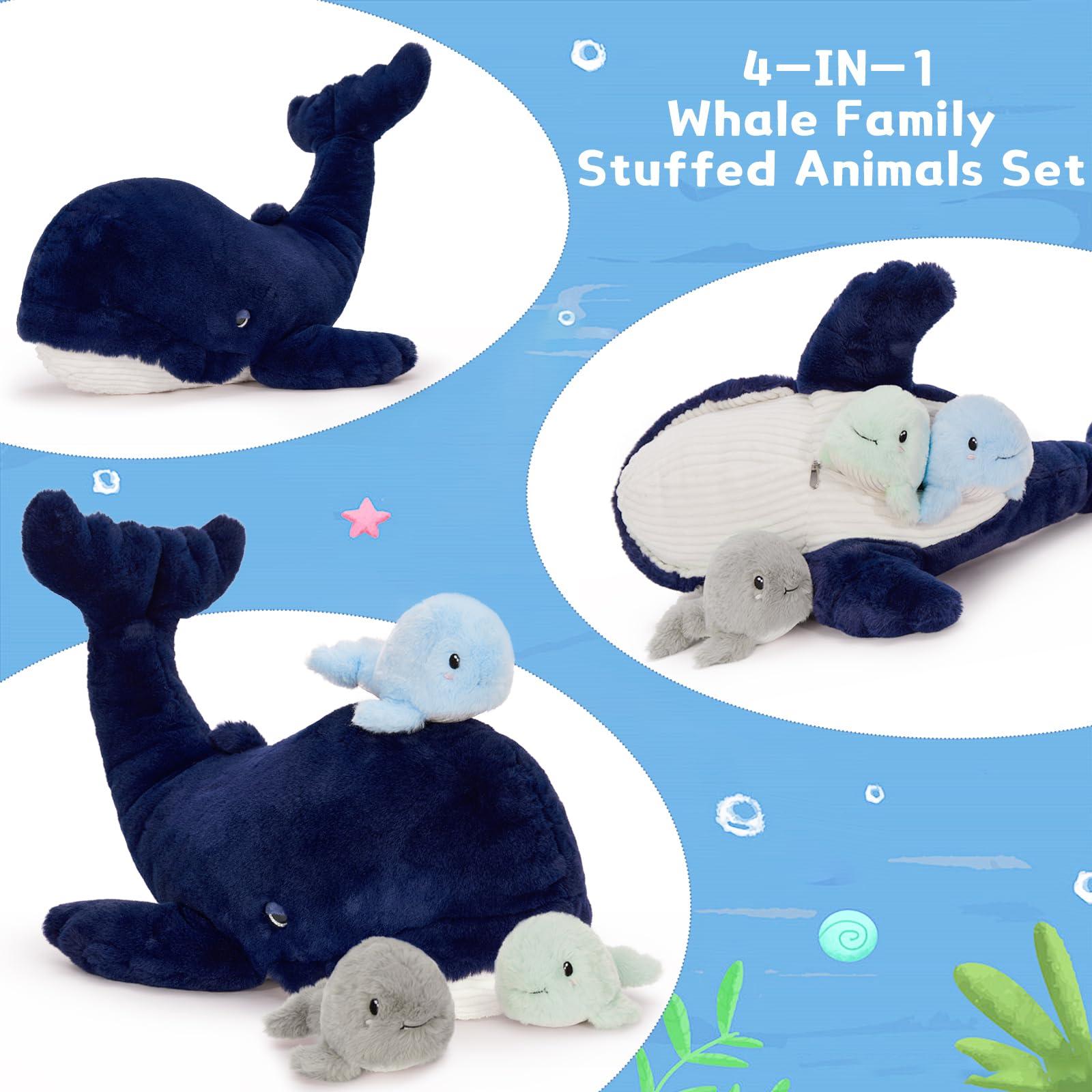MaoGoLan blue whale plush with three babies, soft texture for comforting bedtime.