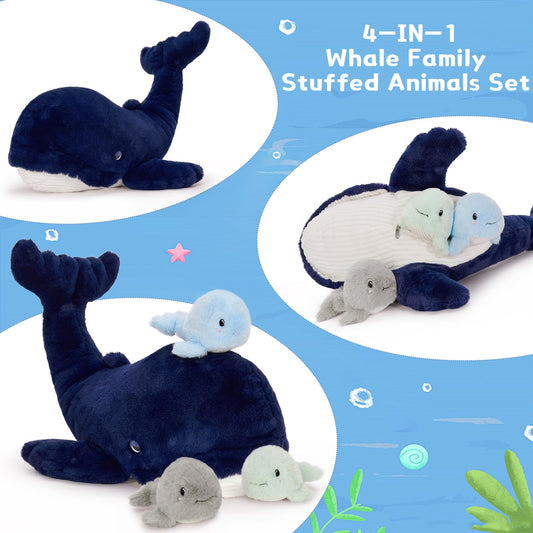 MaoGoLan blue whale plush with three babies, soft texture for comforting bedtime.