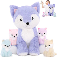 MaoGoLan mom fox plush with babies visible through back zipper for imaginative play.