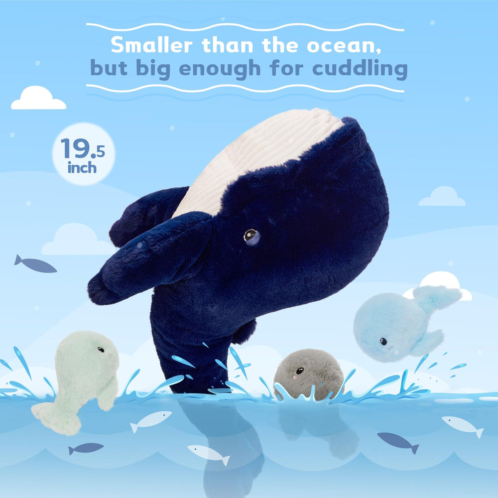 MaoGoLan giant blue whale stuffed toy, vivid colors for room decor and play.