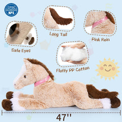 MaoGoLan 4ft horse plush in brown, sturdy and huggable for kids.