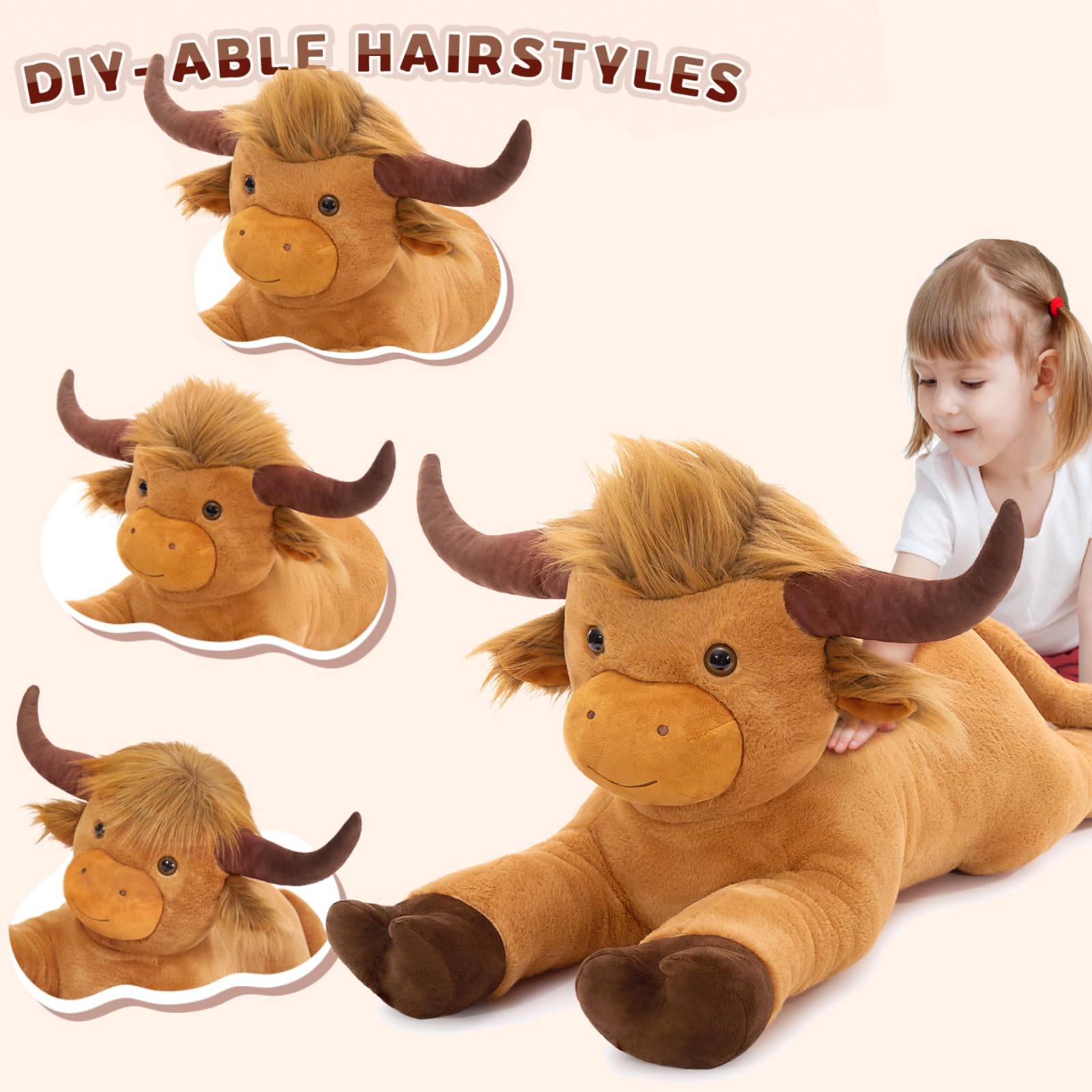 MaoGoLan Highland Cow 41inch side view, soft bedtime companion for kids.
