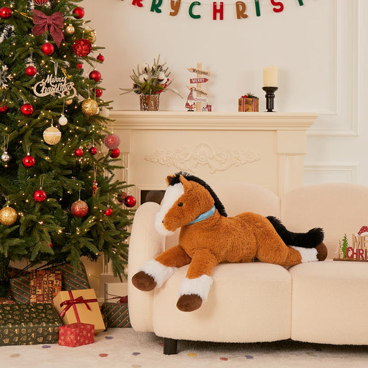 MaoGoLan horse plush with blue rein detail, riding inspired design for imaginative play.