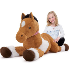 MaoGoLan large horse stuffed animal with pink rein for cuddling and imaginative play.