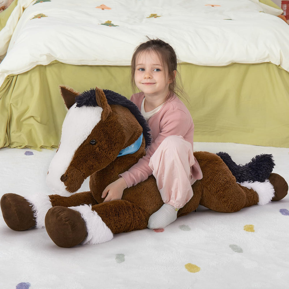 MaoGoLan rideable horse with blue rein supports active pretend play and storytelling.