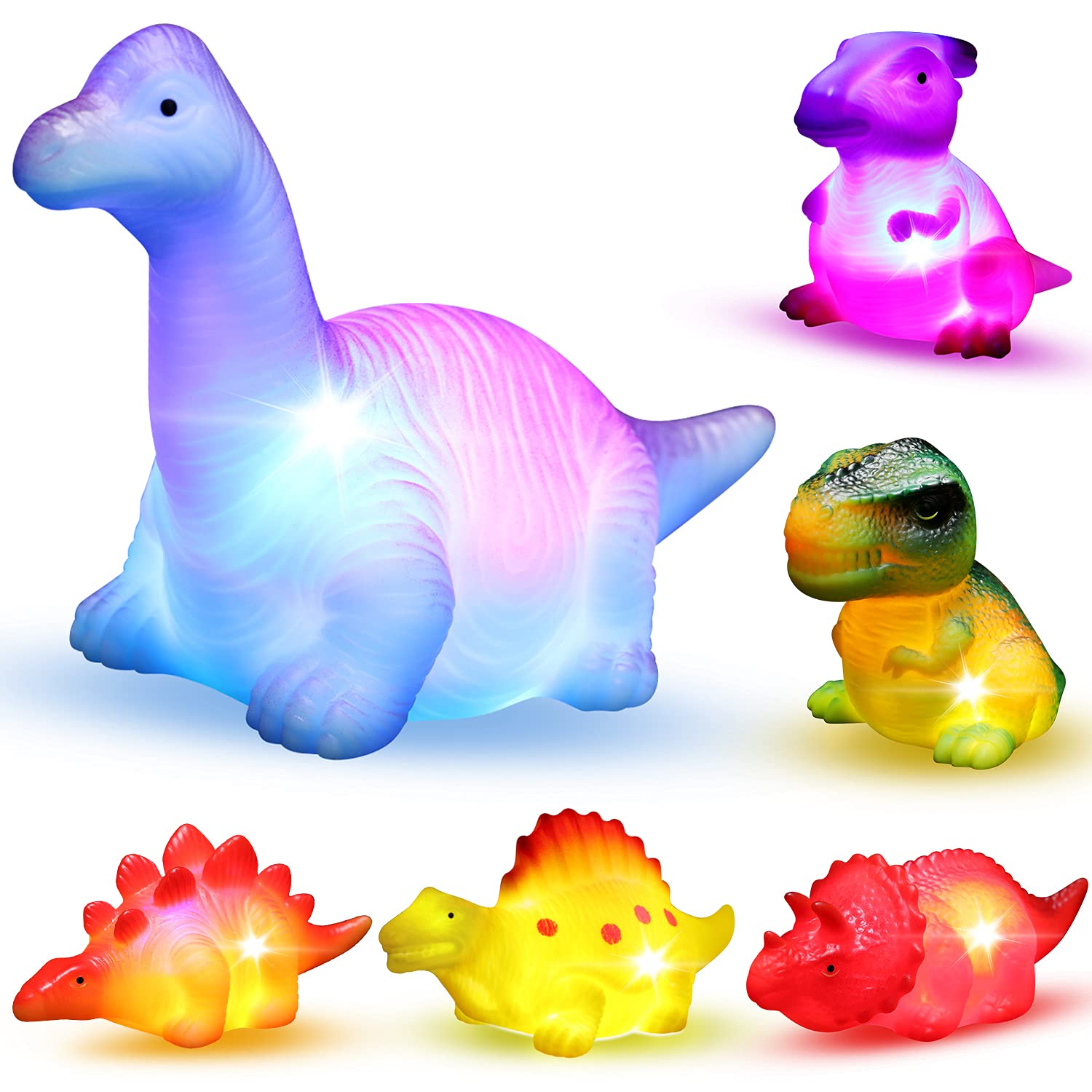 MAPIXO dinosaur bath toy lights up while floating in tub for bath time fun