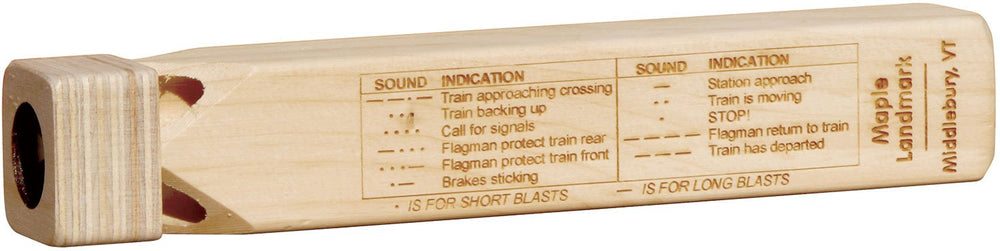 Maple Landmark train whistle in pine body for imaginative play.