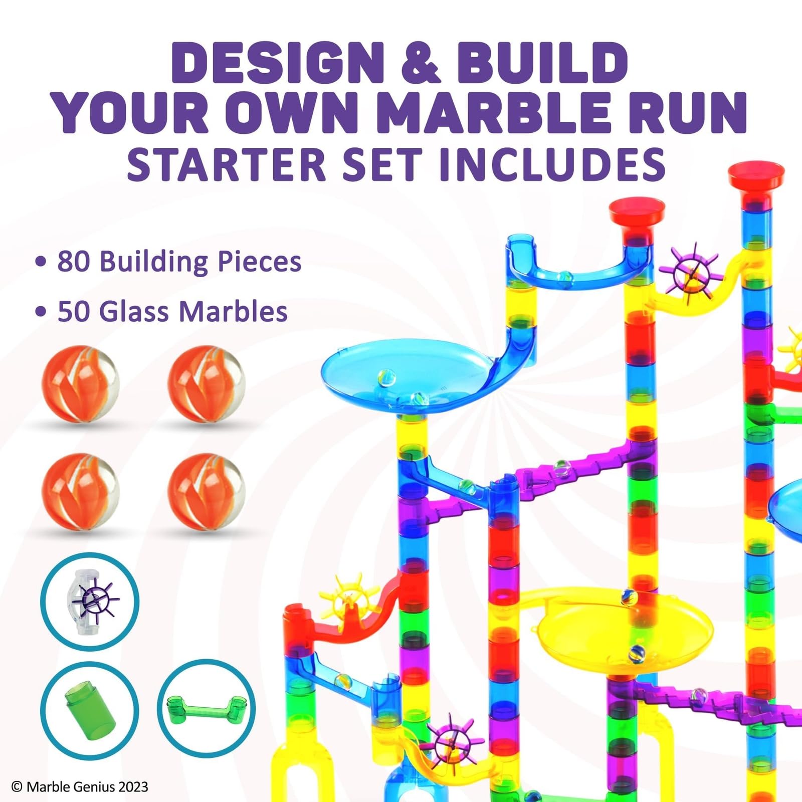 Marble Genius translucent track pieces create bright, cascading pathways.