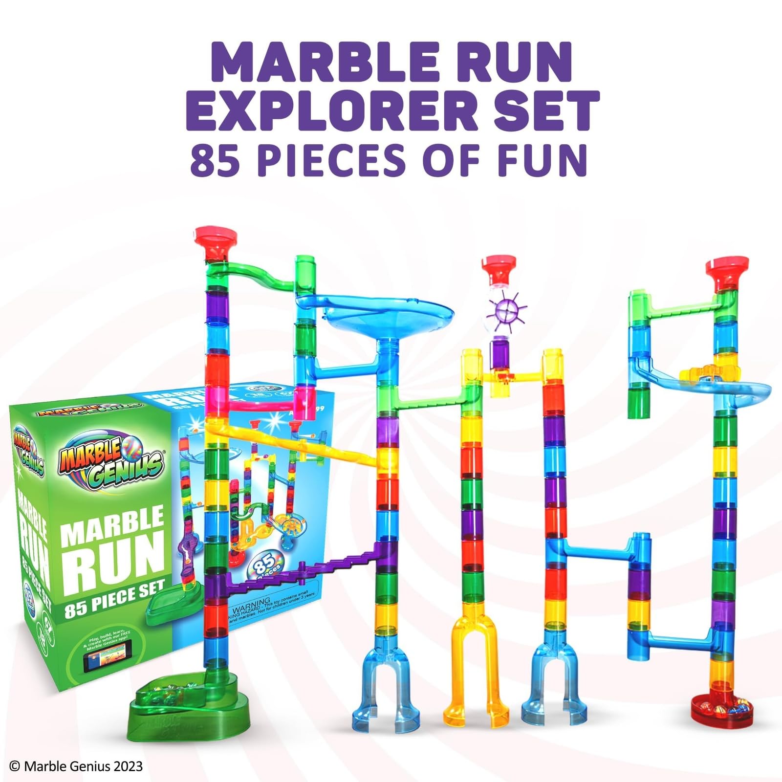 Marble Genius 85 translucent track pieces reveal clear pathways for easier planning.