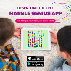 Elevator feature on Marble Genius track helps marbles rise through the tower.