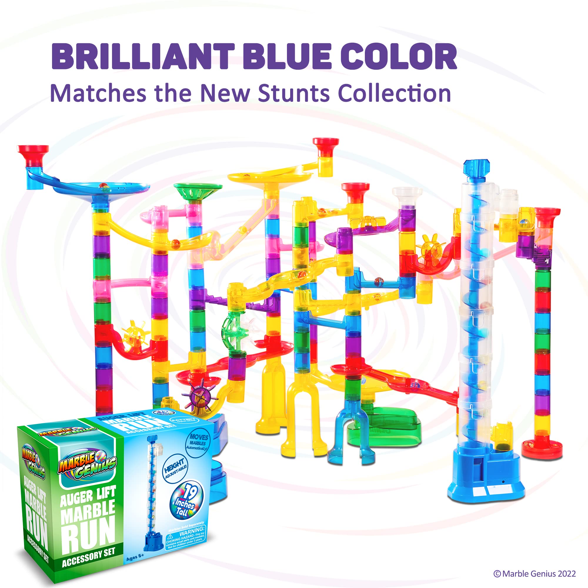 Marble Genius Auger Lift blue in-use scene shows looping racing fun