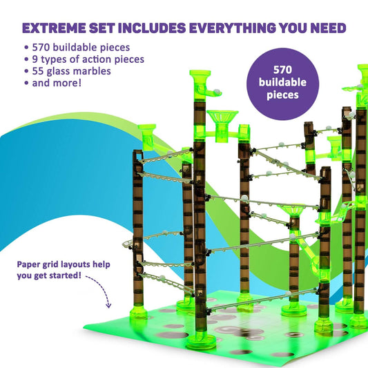 Marble Genius 55 glass marbles glide through the track for exciting races.