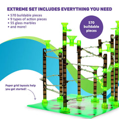 Marble Genius 55 glass marbles glide through the track for exciting races.